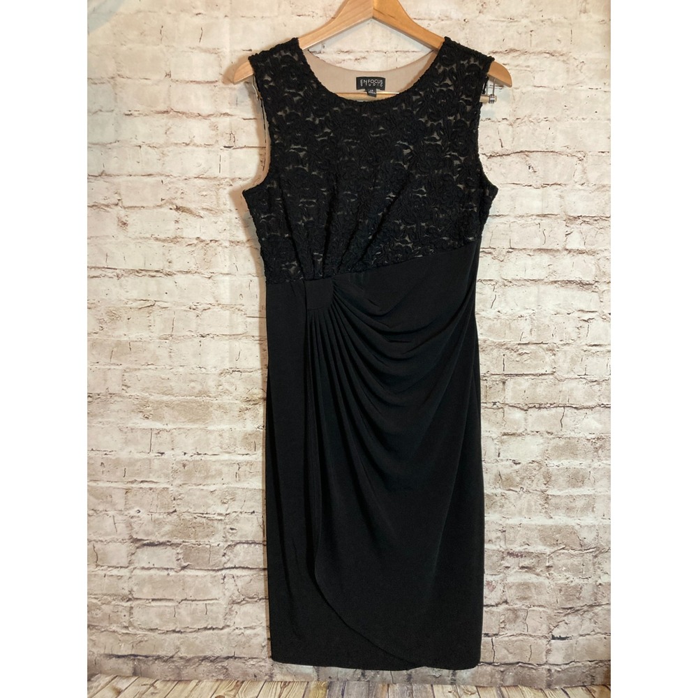 EnFocus Midi Dress Womens 14 Black Lace Draped Ruched Whimsigoth Grunge Stretch